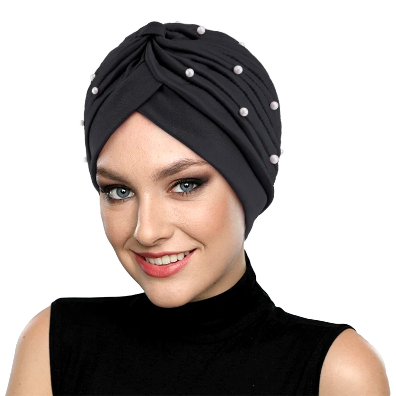 Ruffle Twist Turban Hats for Women Beaded Pre Tied Knot Hats Chemo Beanies Headwrap caps for Cancer Hair Cover