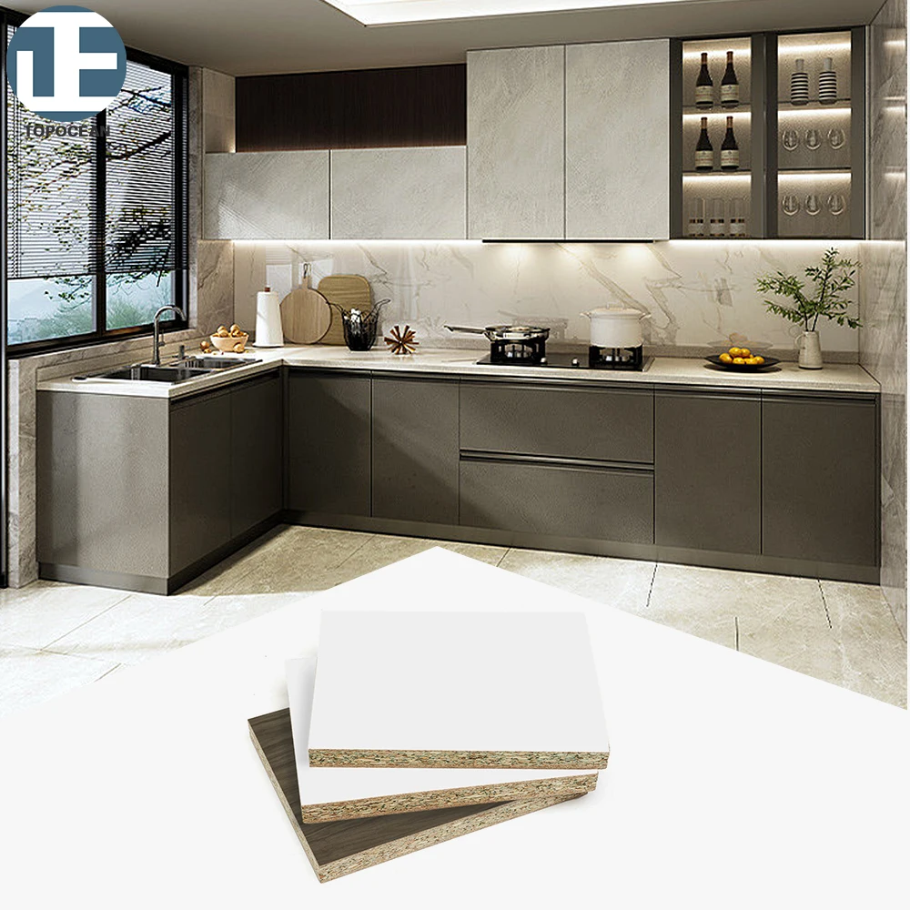 Cheap Price 2850x2070mm 16mm Melamine Board Chipboard Modern Kitchen Cabinets Luxury Gray Glossy Wooden Cabinets for Kitchen