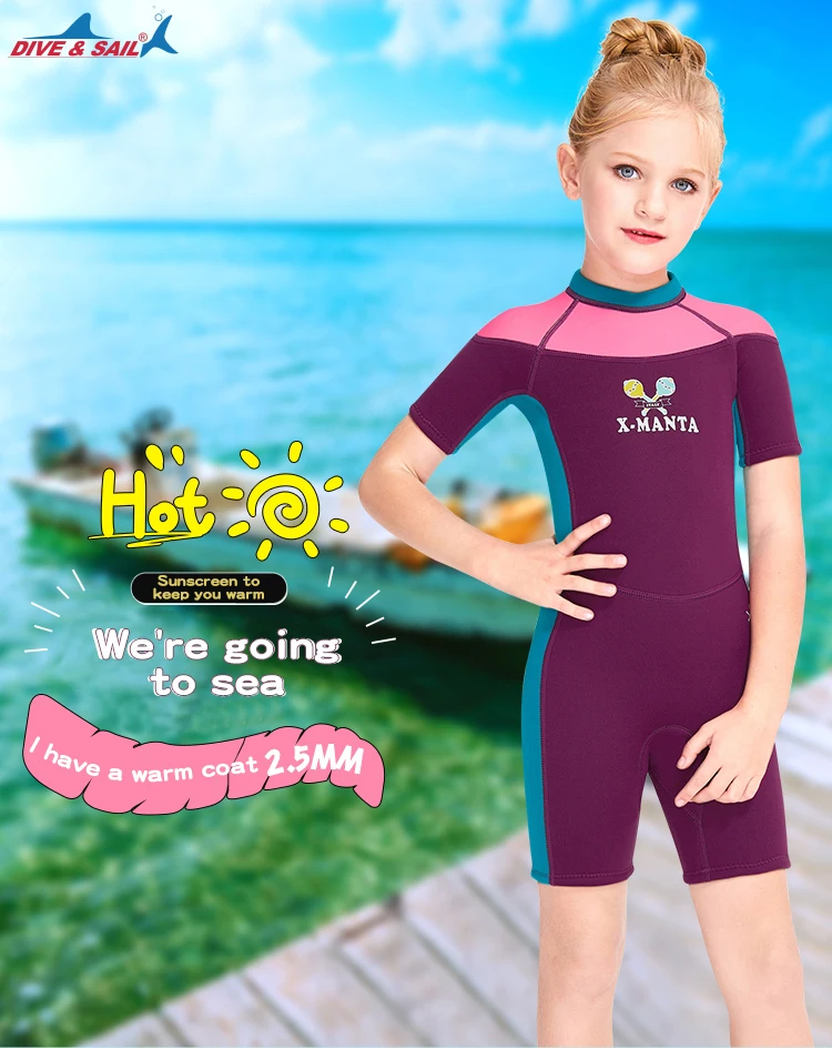 hot selling Girls Full Body Thermal Neoprene Swimsuit 2.5mm Kids Shorty Wetsuit for Diving Swimming Surfing