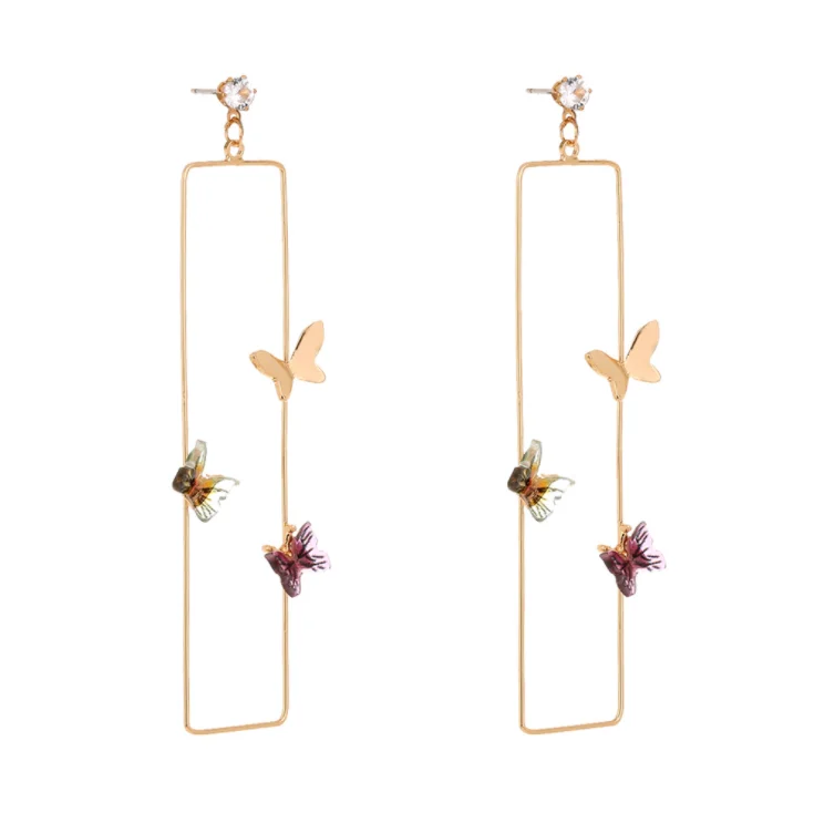  New product hot sale metal temperament long geometric shape multicolor butterfly earrings fashionable wild