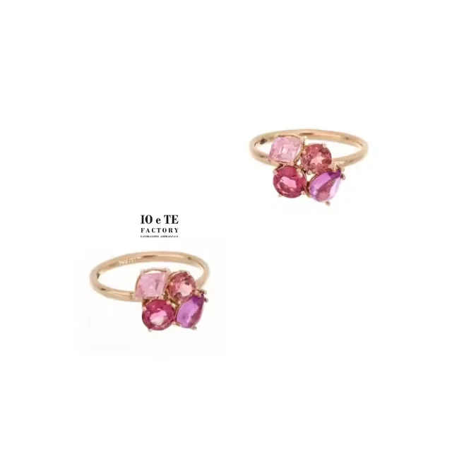 Artisanal Handcrafted Italian Products Handmade Jewelry Rose Gold Romantic Ring with Flowers Of Mixed Gems Fashion Jewelry