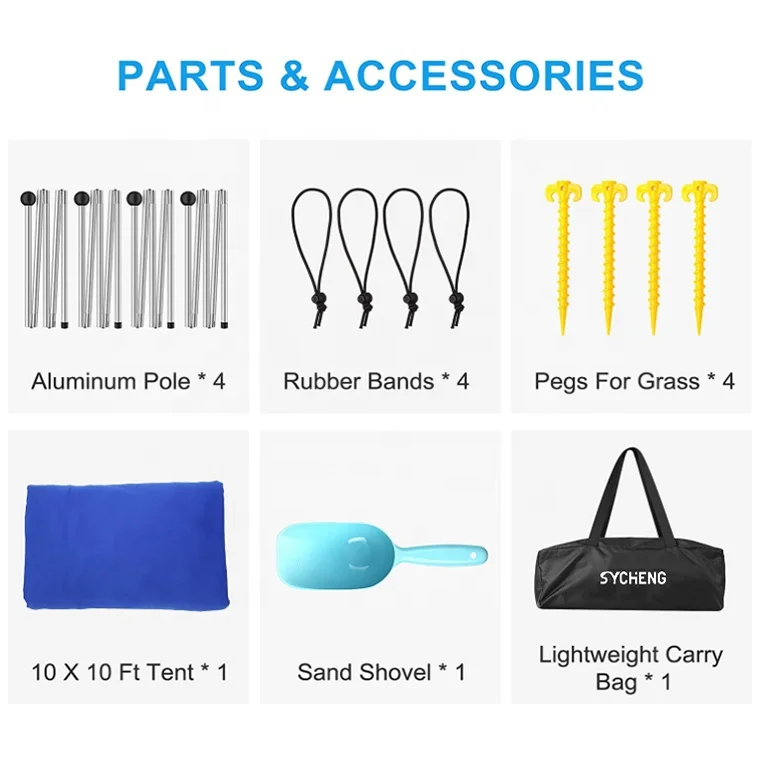 Pop Up Beach Tent Sun Shelter UPF50+ with Sand Shovel Ground Pegs and Stability Poles Use For Camping