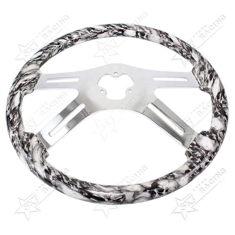 18inch 450mm 4 Spokes Hydro-dip Finish Skull Pattern Semi Trailer Truck Wood Steering Wheel for Freightliner Kenworth Peterbilt