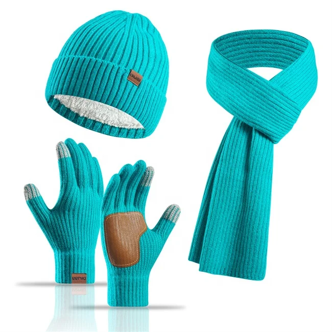 Top Quality Winter Warm Knit Beanie Hat Touchscreen Nonslip Gloves Long Neck Scarf Set with Fleece Lined Skull Cap for Women Men