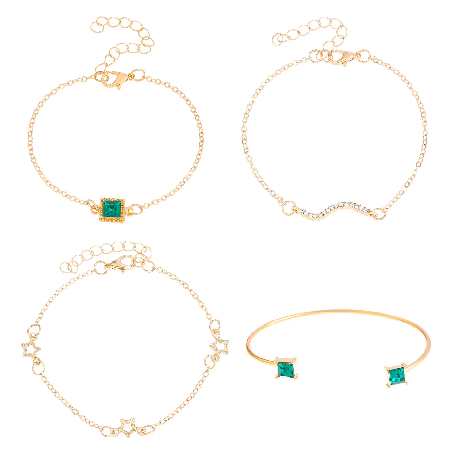 2024 Retro geometric love star set with green diamond square bracelet bracelet set ins bracelet woman