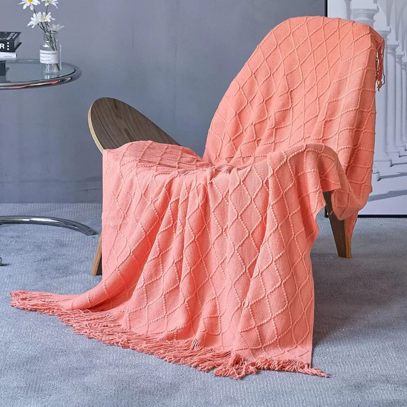 Wholesale Modern Minimalist Geometric Woolen Blankets Throws Home Decoration Knitted Tassel Blanket