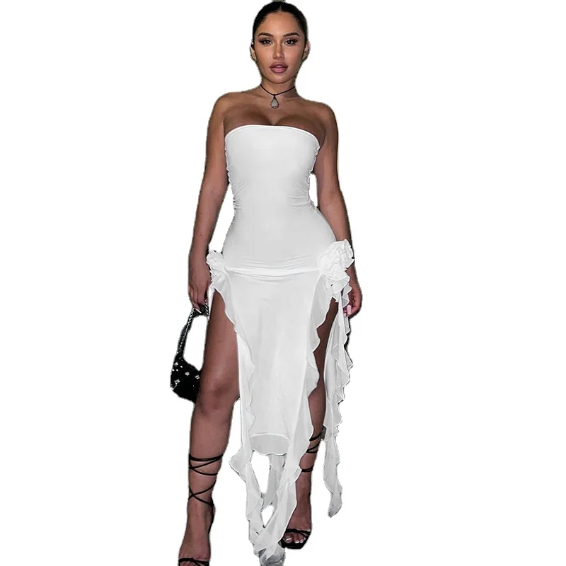 2023 new arrivals women sleeveless strapless ruffles design sexy mesh 3d 3d flowers lace for french wedding dress