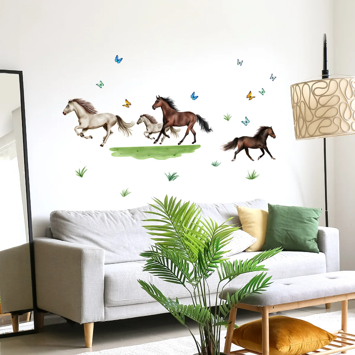 Running Horses Grass Butterfly Wall Stickers For Bedrooms Living Rooms Background Wall Decorative Wall Decals Self-adhesive PVC