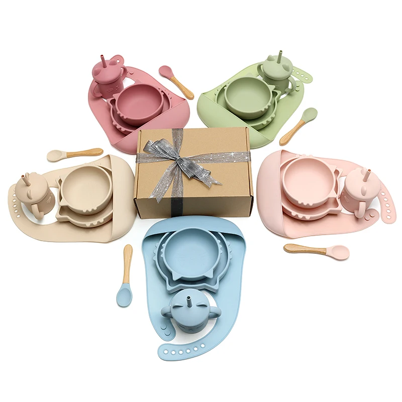 baby feeding kids dining table set silicone 5 piece baby silicone feeding set mini feeding silicone baby fork and spoon set