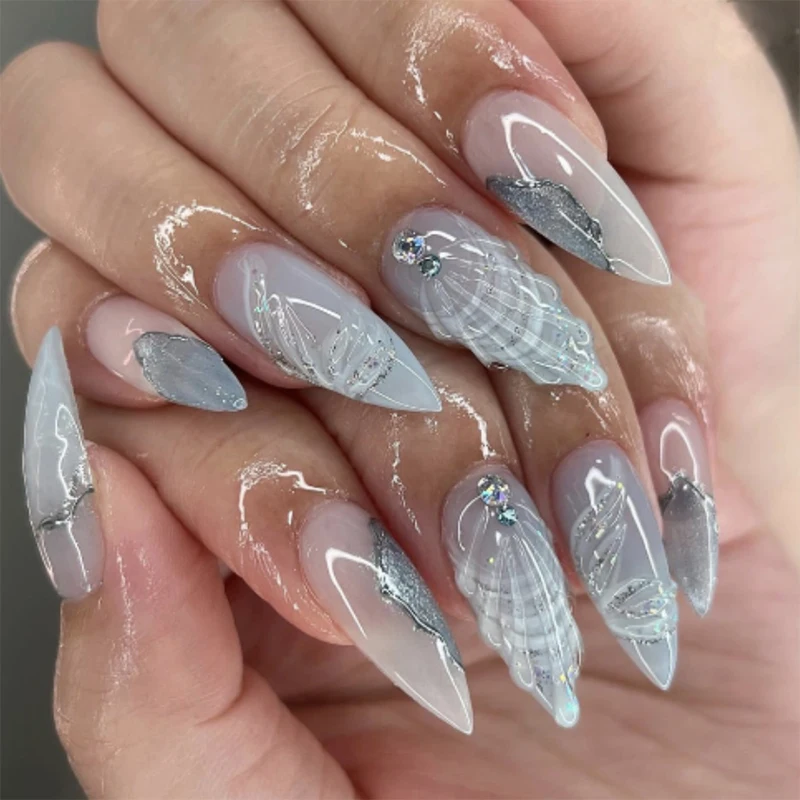 Nail art supplier hot sale fake nails wholesale cool color 3D water drop shell rhinestone pressed on almond shape fake nails