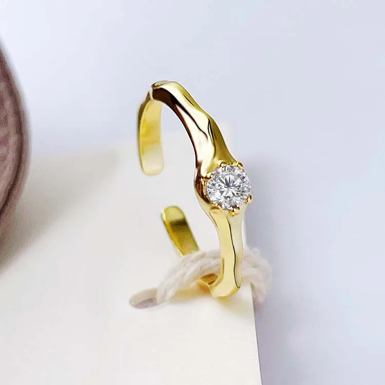 Korean style 925 sterling silver gold plated open ring with a diamond for women girls
