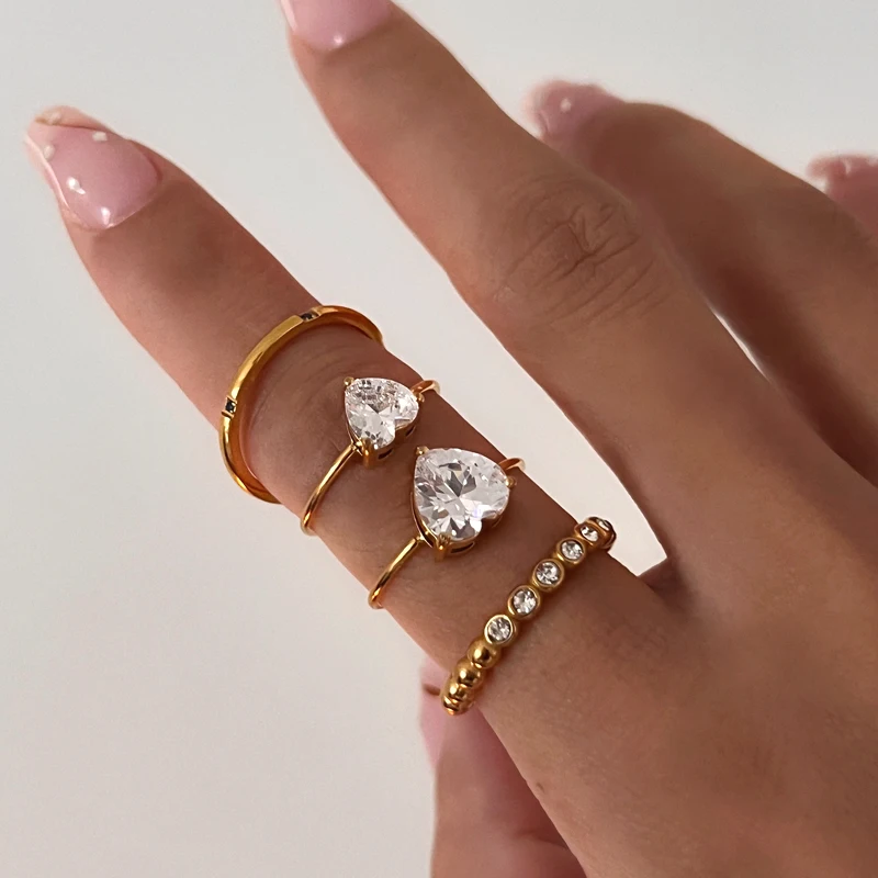 Zircon Diamond Heart Rings Stainless Steel PVD 18K Gold Plated Waterproof Jewelry for Women anillos bijoux anel schmuck joias