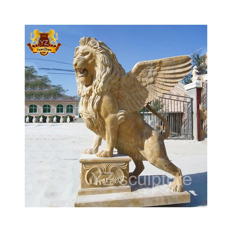 Outdoor Garden Hand-Carved Natural Marble Stone Lion Statue Granite Right & Left Lion Status Winged Marble Lions Statue