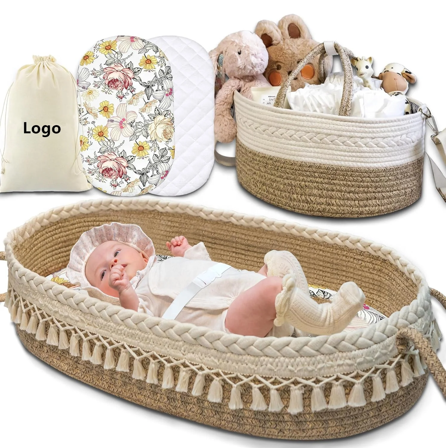 100% Cotton Rope Newborn Moses Basket Changing Basket Rope Woven Portable Baby Cot Moses Basket And Bedding Mattress Set