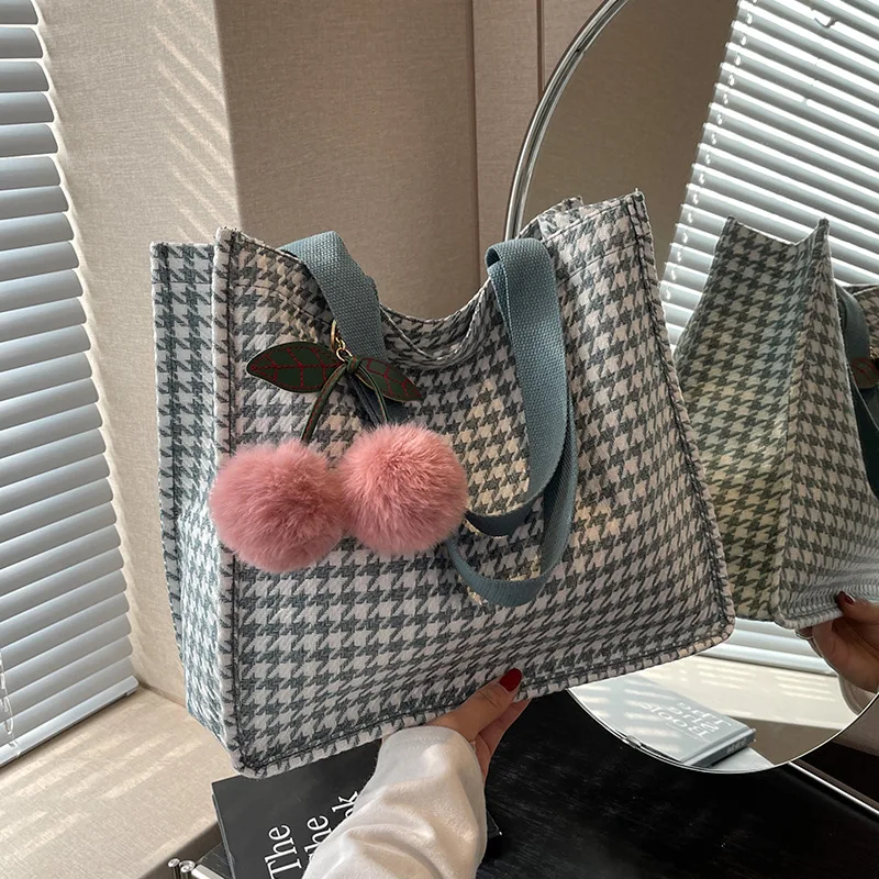 Fashion Houndstooth 2024 Personalized Logo Travel Bag Eco-friendly Cotton Customized Shopper Shopping Canvas Tote Bag