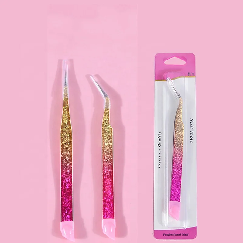 Stainless Steel Silicone Embossed Stick Pressing Straight Head Tweezers Rhinestones Sticker Picker 2 Heads Nail Tweezers