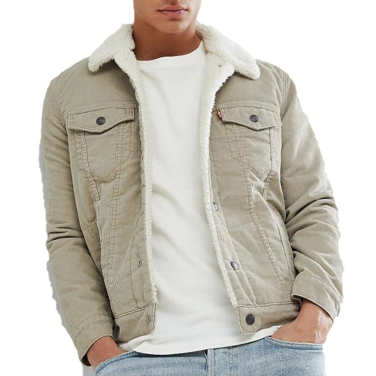 Mens Beige Jeans Sherpa Jackets Corduroy Jackets Winter Fur Coat Denim Jacket for Men