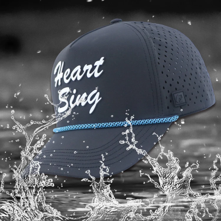 water resistant athletic laser cut hole perforated rubber patch logo hats custom with rope, nylon 5 panel golf waterproof hat