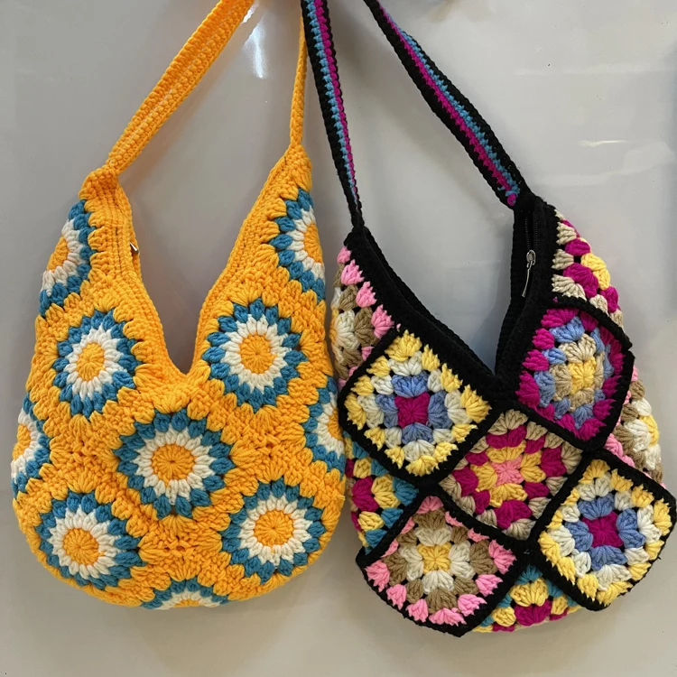 Factory Custom New Fashion Bohemian Colorful Knitted Tote Patchwork Flowers Crochet Bag