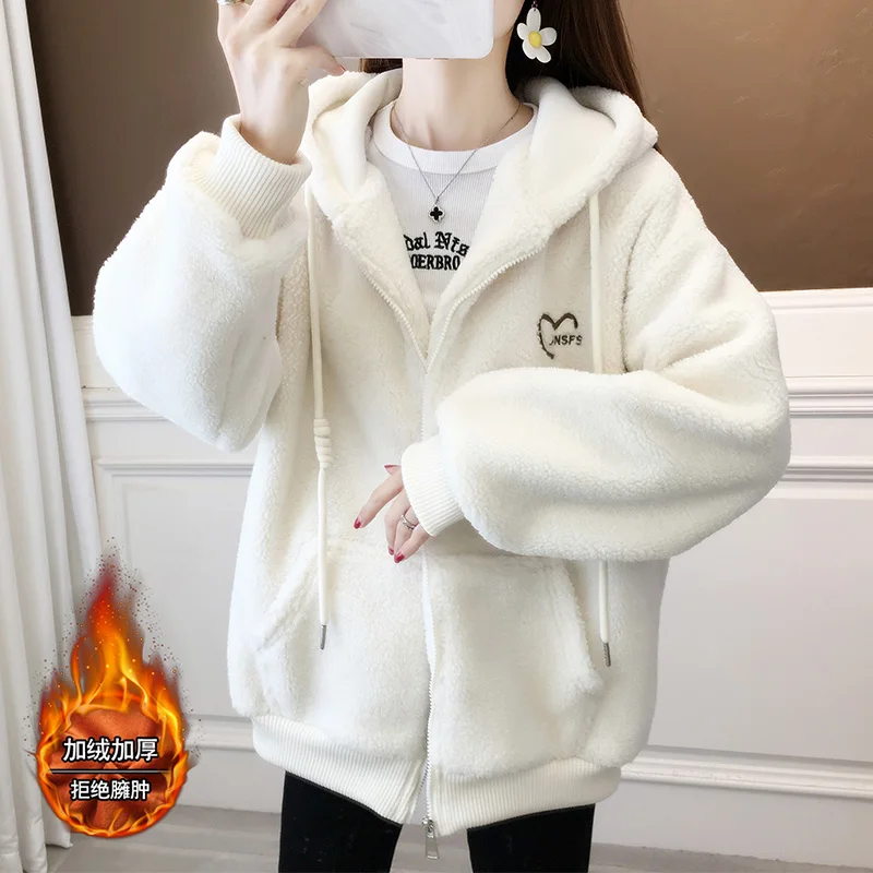 Love letter embroidered Lamb wool coat 2023 autumn/winter new cashmere zipper cardigan hoodie jacket blouse coat