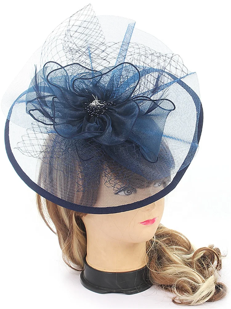 Модная Женская шляпка для вечеринки, свадебные вуалетки, цветочные, темно-синие перья, Вуалетка, повязка на голову