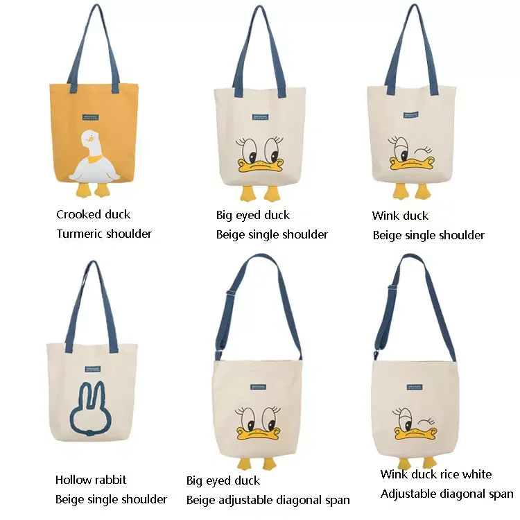 Custom New Versatile Shopping Bag Cute Duck Cotton Canvas Leisure Hand Bag Ins Shoulder Tote Bag with Custom Printed Logo