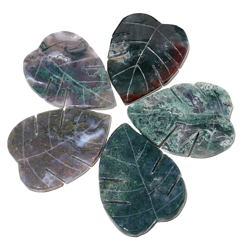 New arrivals hand carved healing stones crystal crafts natural leaf shaped moss agate