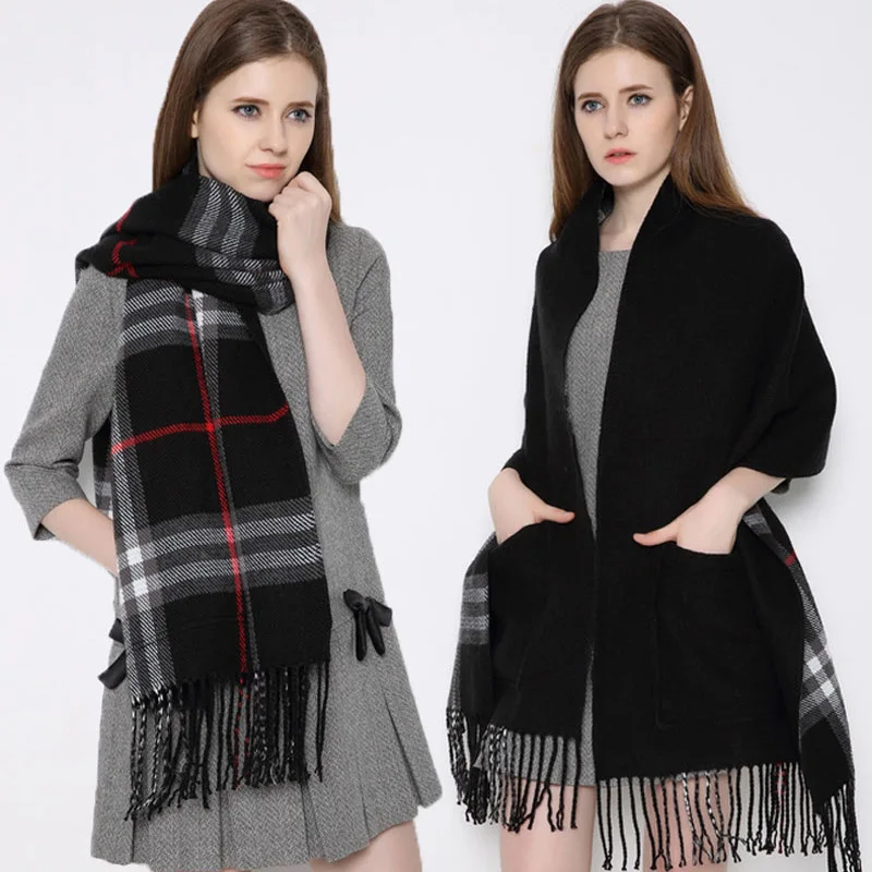 New Luxury Mink Cashmere Pocket Small Lattice Tassel Scarf Winter Warm Cloak Women Poncho Shawl