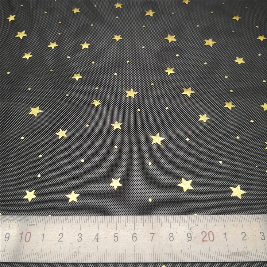New Fashion High Quality Stamping Golden Star Foil Fabric Stretchy Black Mesh Fabrics Punching Sequin Tulle Cloth
