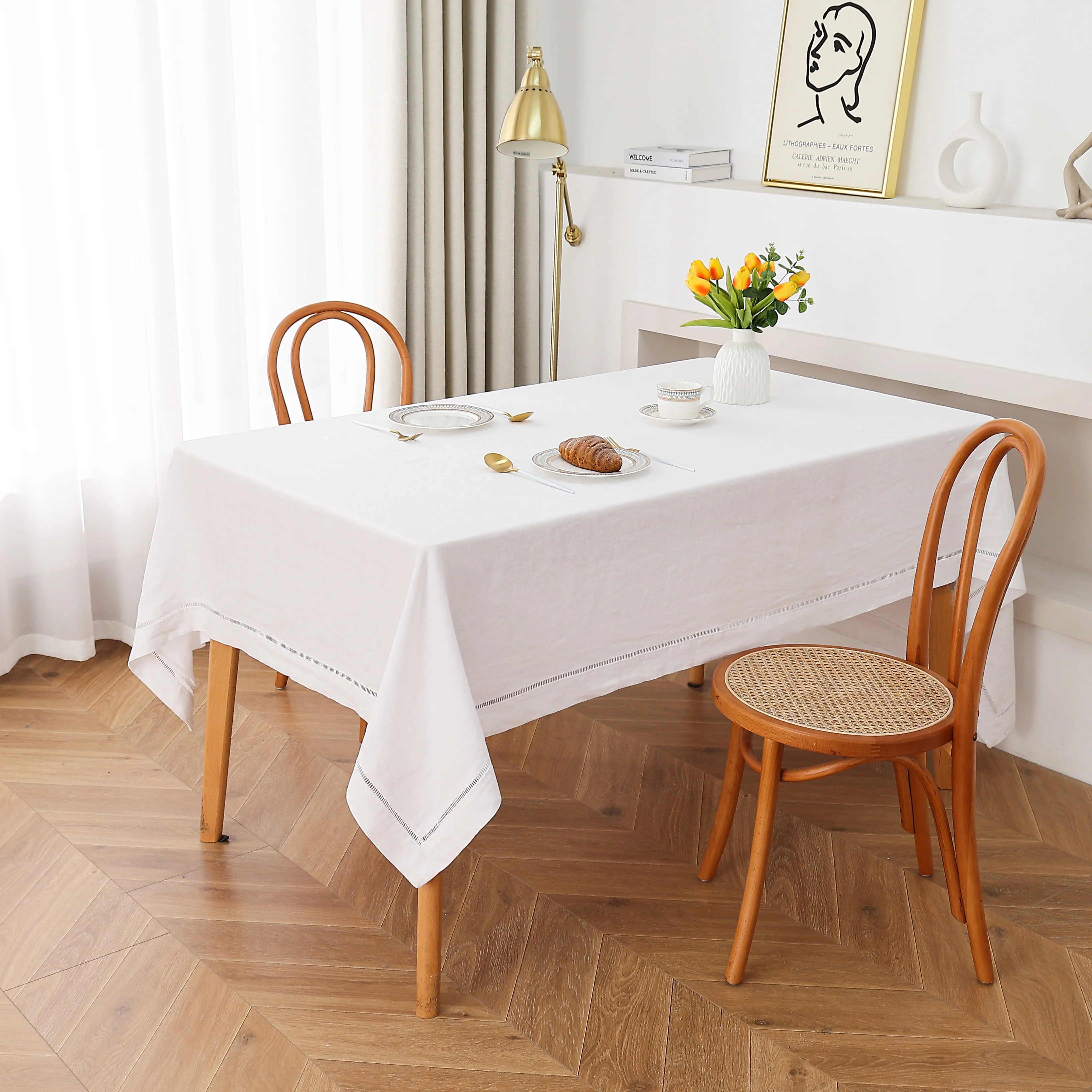 Linen table cloth Amazon hot seller Nordic country home rectangular round Flaxlinen hemstitch table cloth skirt Ladder Lace Trim