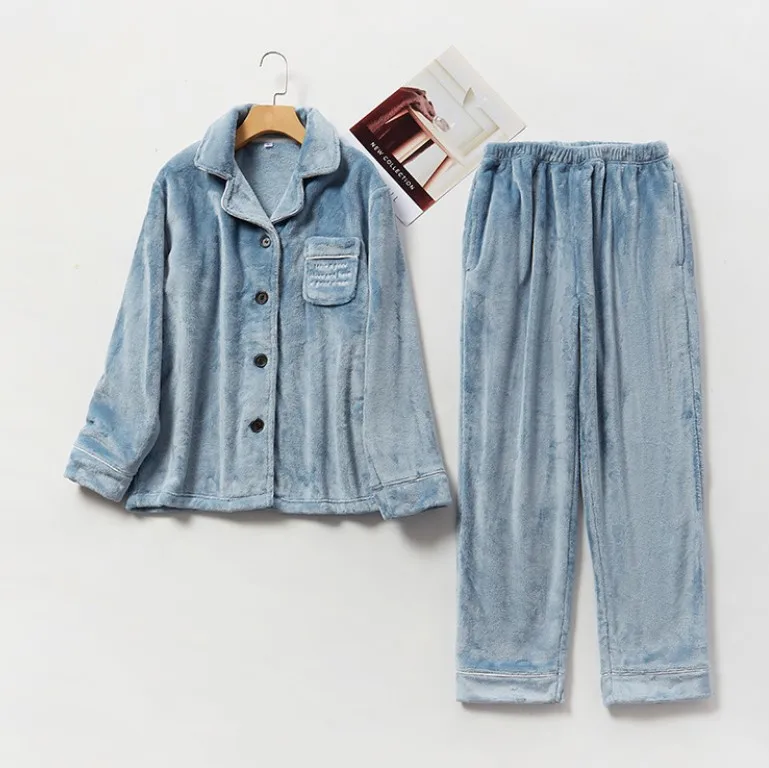 Hot selling winter women men home clothes sleepwear coral velvet winter front open long sleeve pajamas set