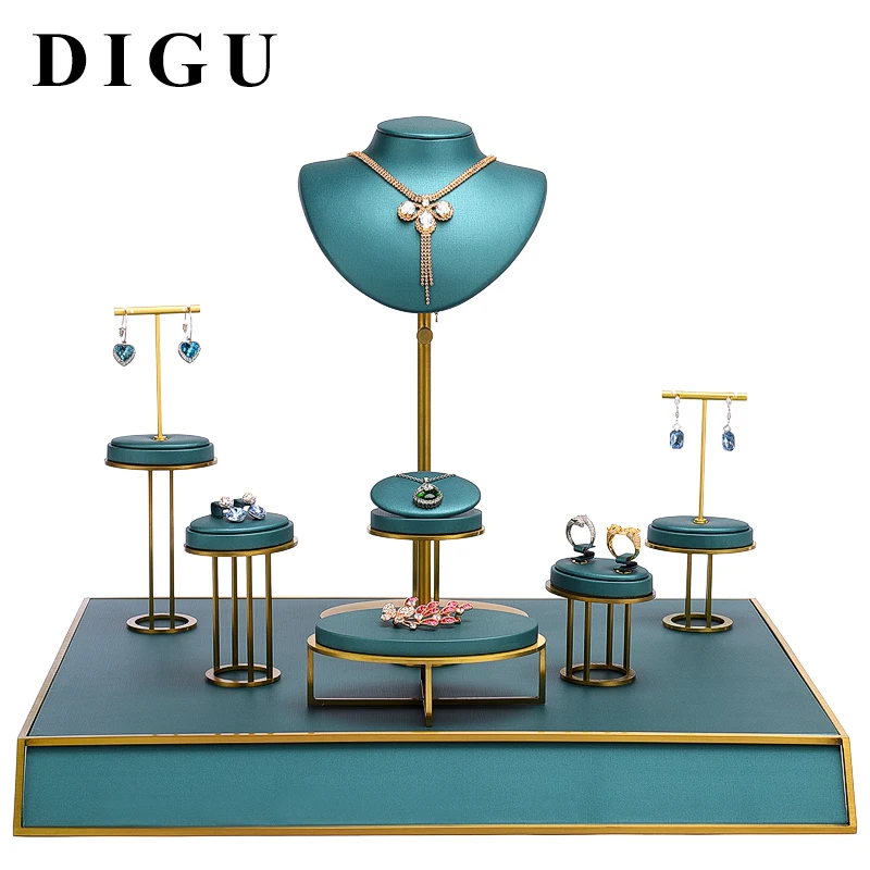 DIGU Metal+leather jewelry display stand set ring necklace ear stud earring pendant custom luxury jewelry display stand