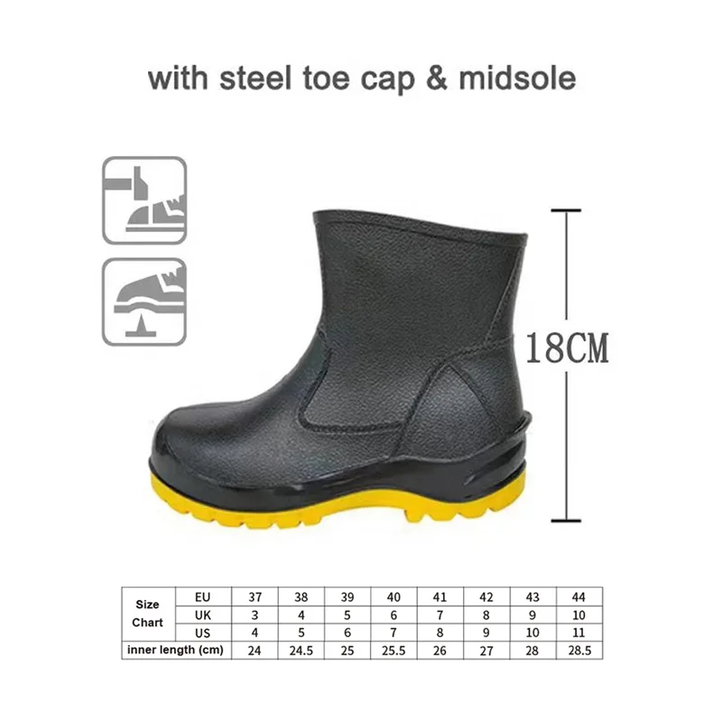 2024 New Style Workshop Men Safety Shoes Rain Boots Chemical Resistant Steel Toe Steel Mid-calf Rubber PVC Midsole Low Cut 24cm