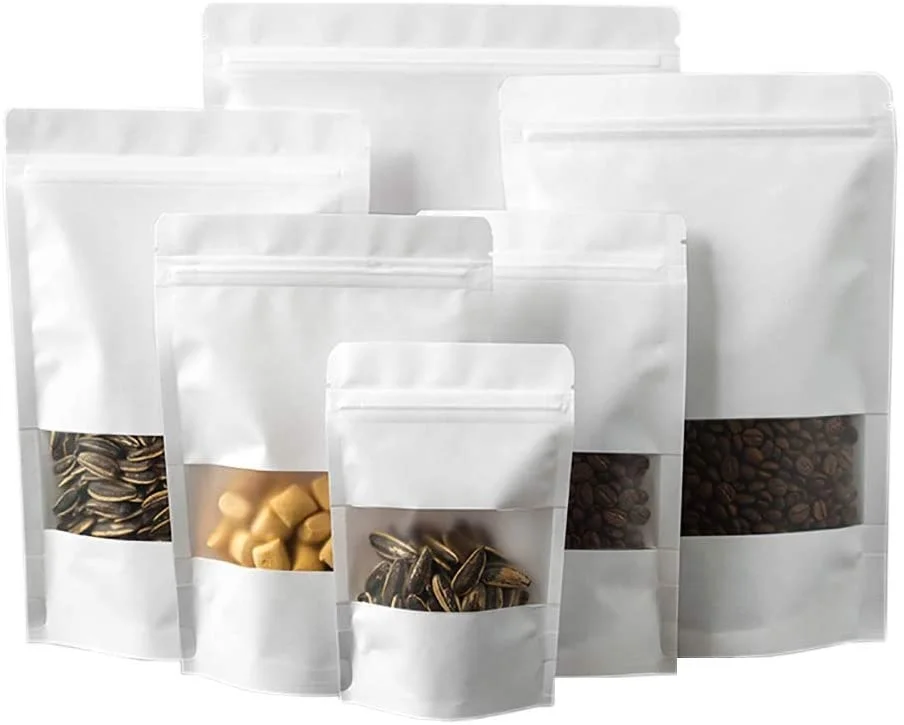 Custom Logo Printed Compostable 100% Biodegradable White Kraft Paper Tea Food Packaging Bags with Reusable Zipper