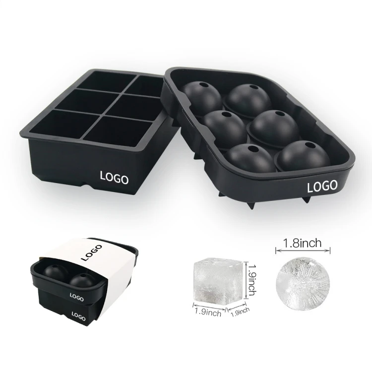 Silicone Ice mold set 6 square ice cube tray 6 sphere ice ball tray with logo sleeve