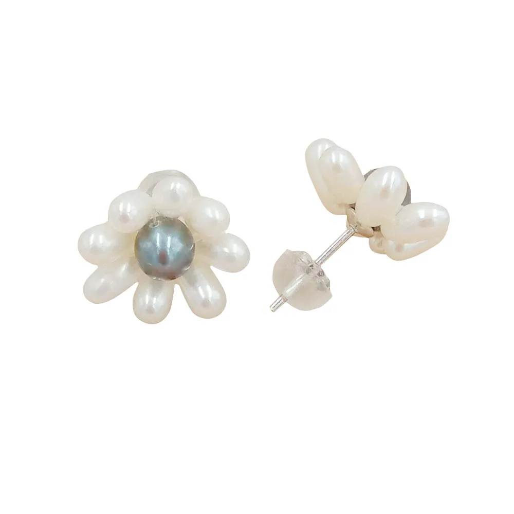 newest 925 sterling silver stud pearl earring , 100% nature freshwater pearl ,handmade flower design , 15 MM