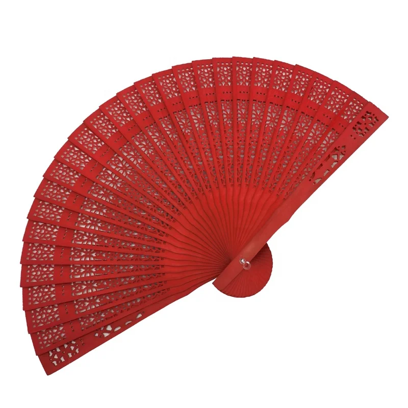 Ready Hand Fan! Hot Selling Colored 8 inch Full Carved Wooden Folding Hand Fan for Wedding and Gift