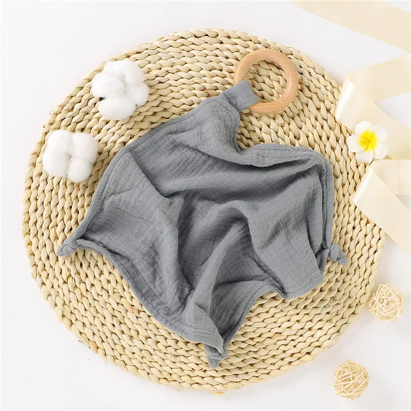 Baby Bedding Toy Organic Cotton Muslin Pacifier Blanket With Wooden Teething Ring