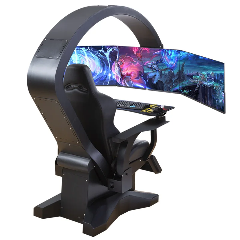 
Cockpit of ergonomic game simulator of electric PC workstation with adjustable lifting and rotation 