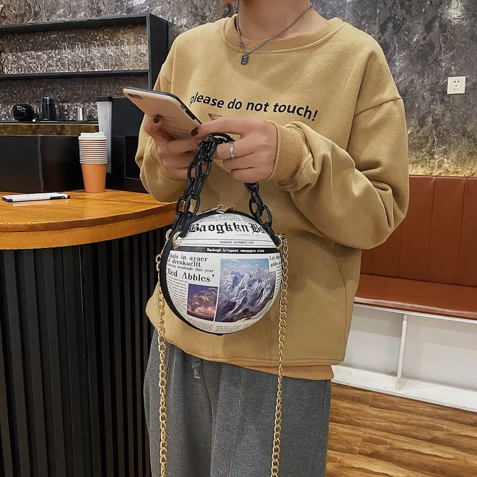 Newspaper print round bag trendy purses 2021 women purses and handbag fashionable quality handbags