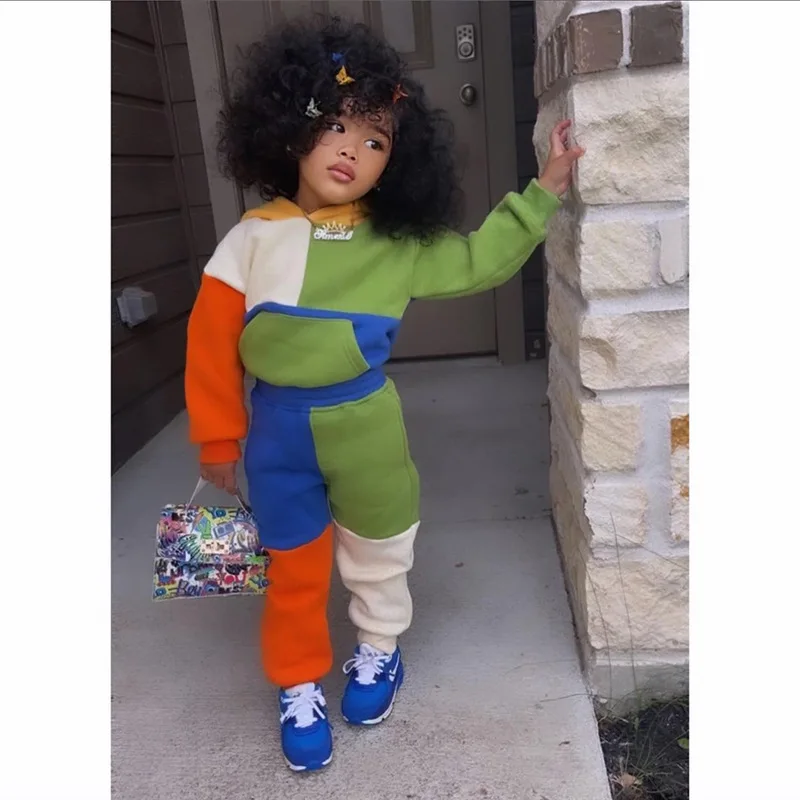 Wholesale autumn new fashion color patchwork children long sleeve hoodie set