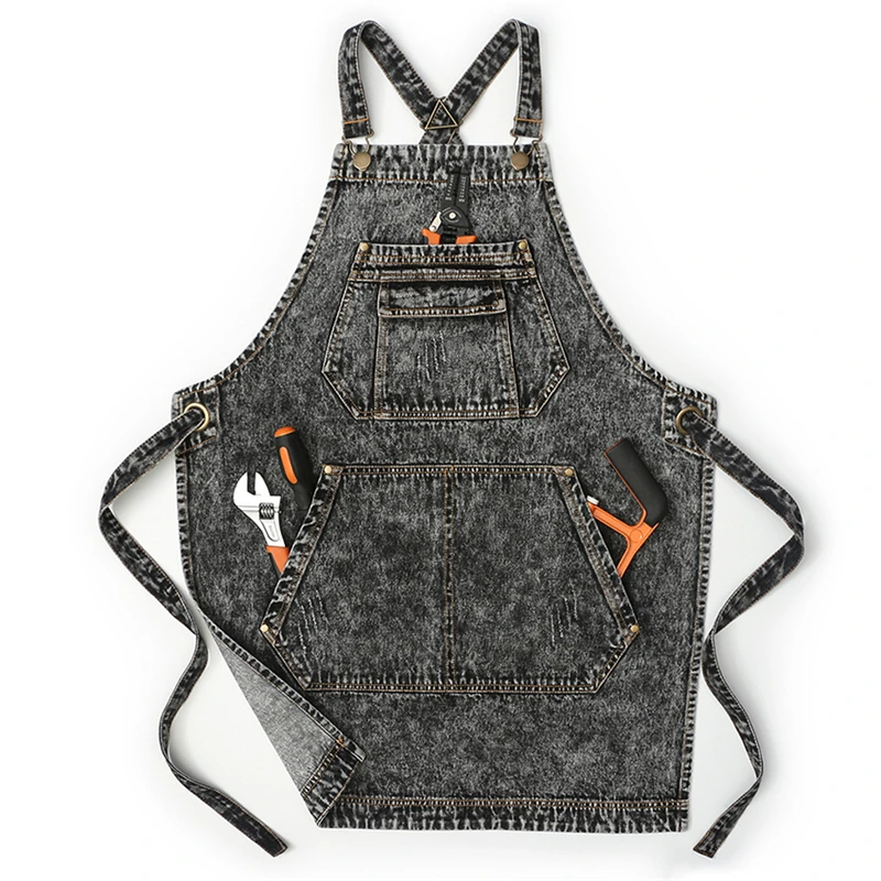 Washed denim apron Fashion big pocket kitchen Home work haircut coffee milk tea custom