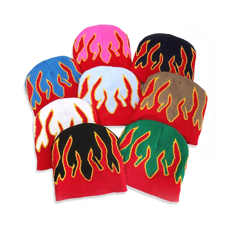 Wholesale Unisex Flame All Over Printed Knitted Bean Hat Cap Custom Logo Y2K Acrylic Jacquard Beanie Hats