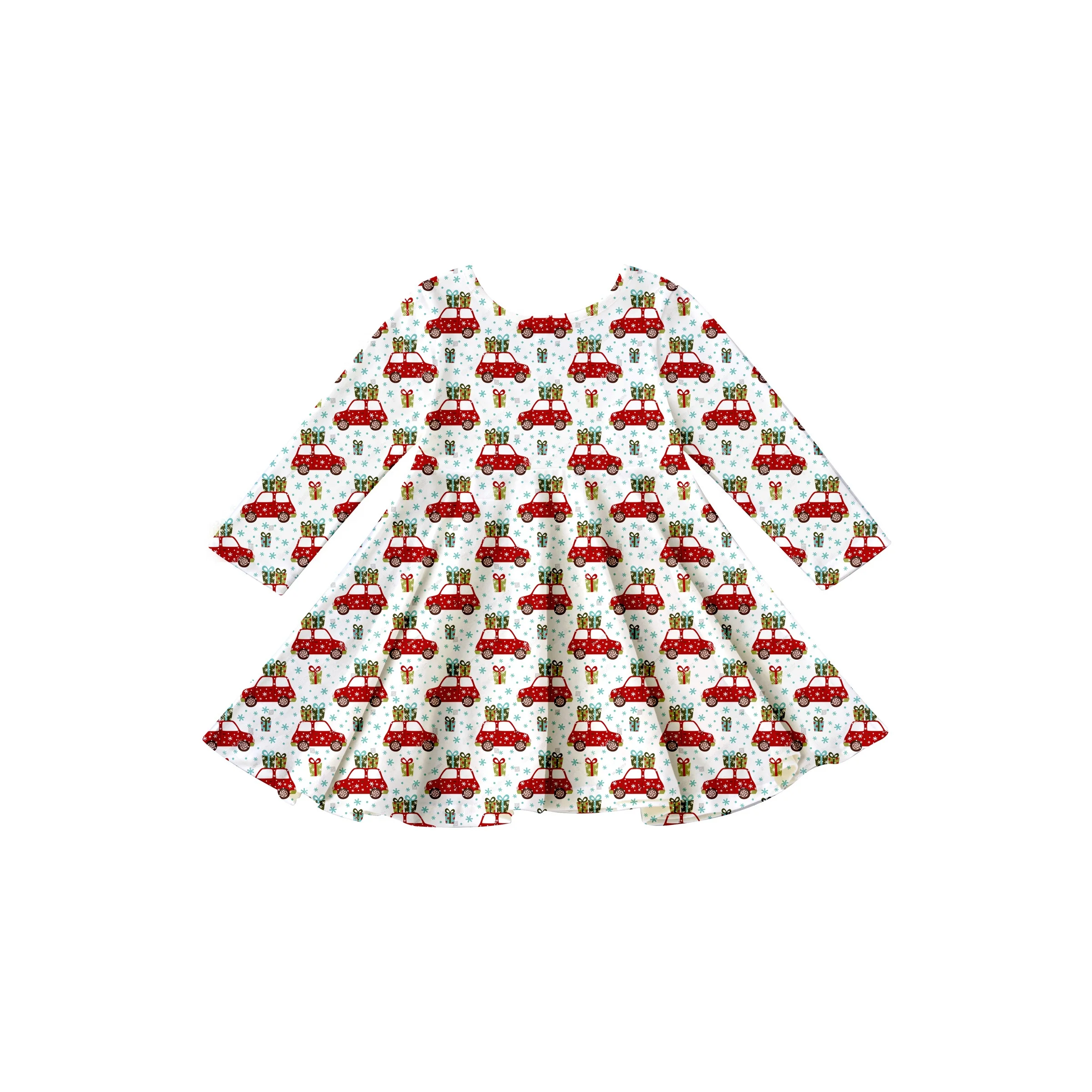 GIrlymax 2022 Christmas Gingerbread Truck Trees Twirl Long Sleeve Knee Length Dresses