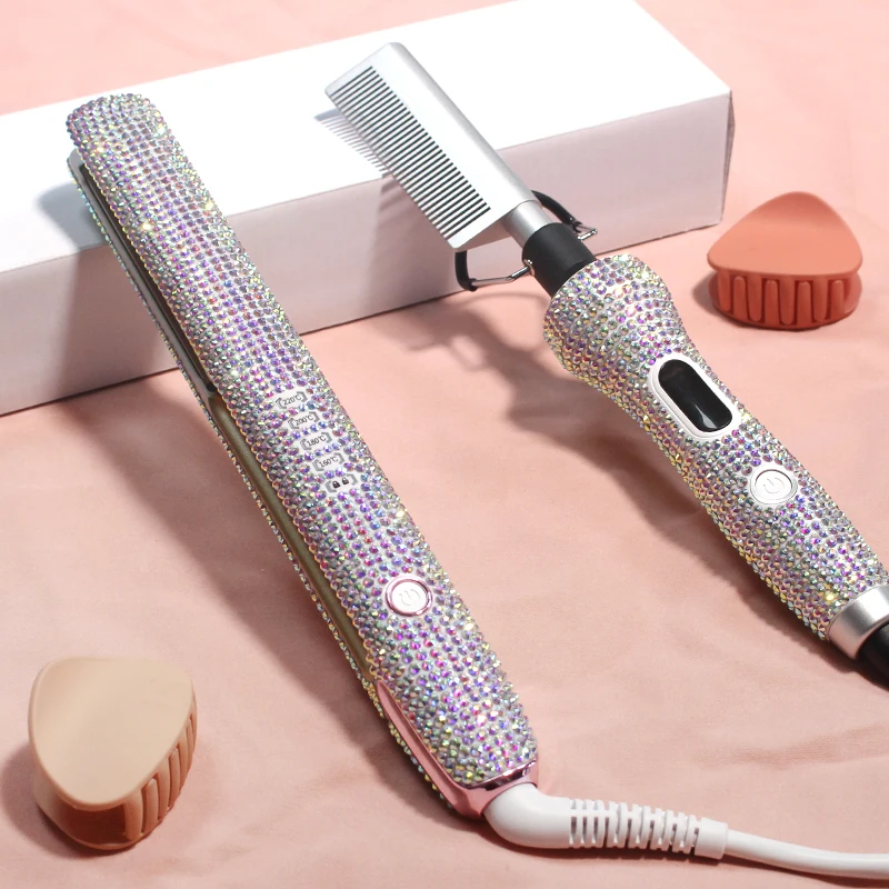 2021 480 Degrees Irons Rhinestone Diamond Hot Comb Glitter Bling Flat Iron Sets With Private Label