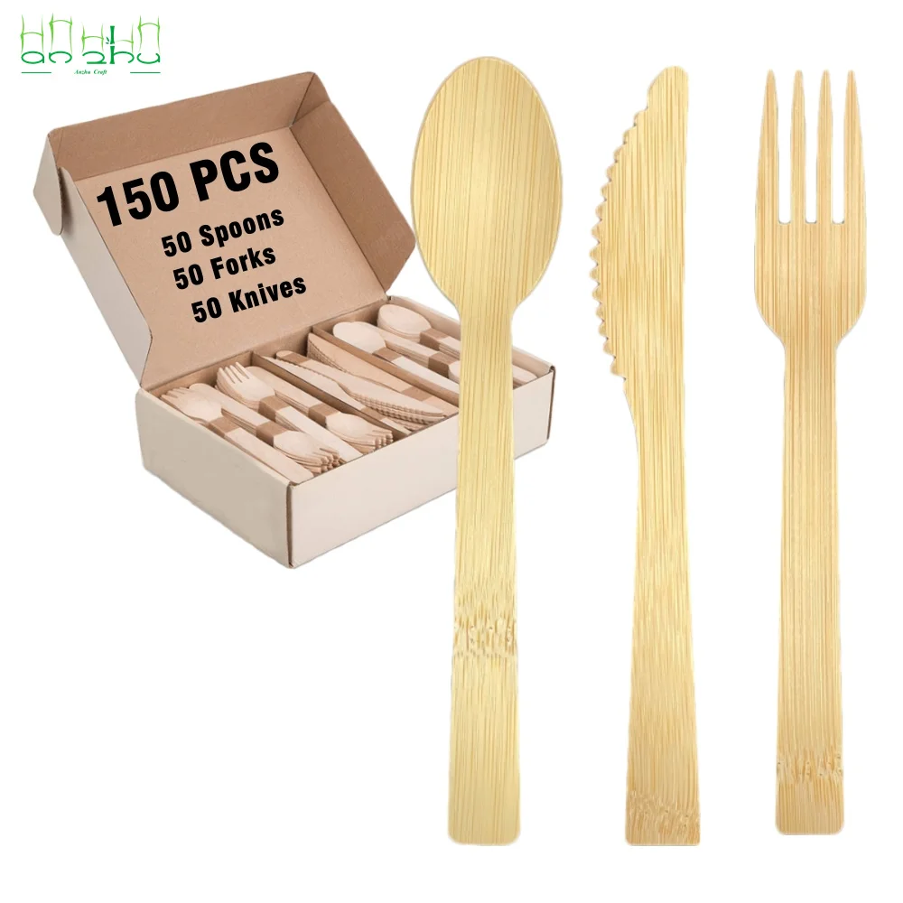 Custom Logo Disposable Bamboo Kitchenware Travel Cutlery Set - Forks Spoons Knives - Eco-Friendly,Biodegradable,Utensils,