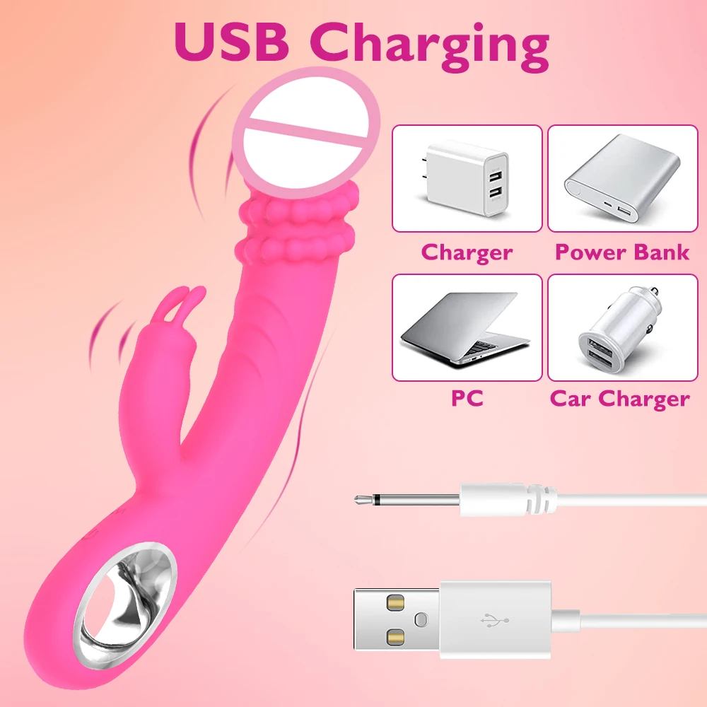 Two Motors Electric Vibrating Realistic Silicone Dildo Bunny Massager White Rabbit Vibrator