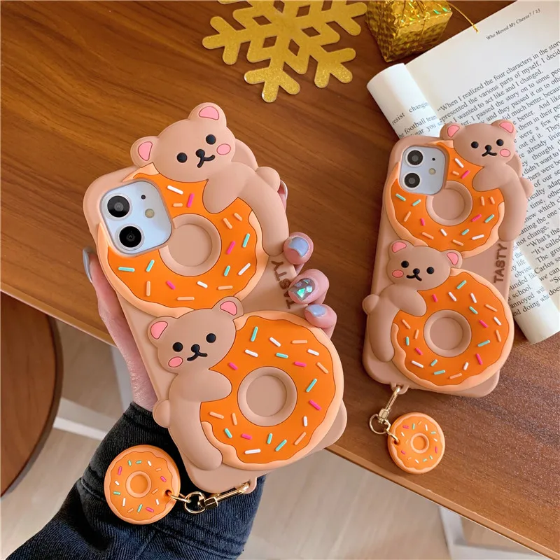 Hot Selling Luxury 3D Cartoon Cute Donut Bear Soft Silicone Case Fundas for Apple for iPhone 7 8 Plus 11 Pro 12 Pro Max