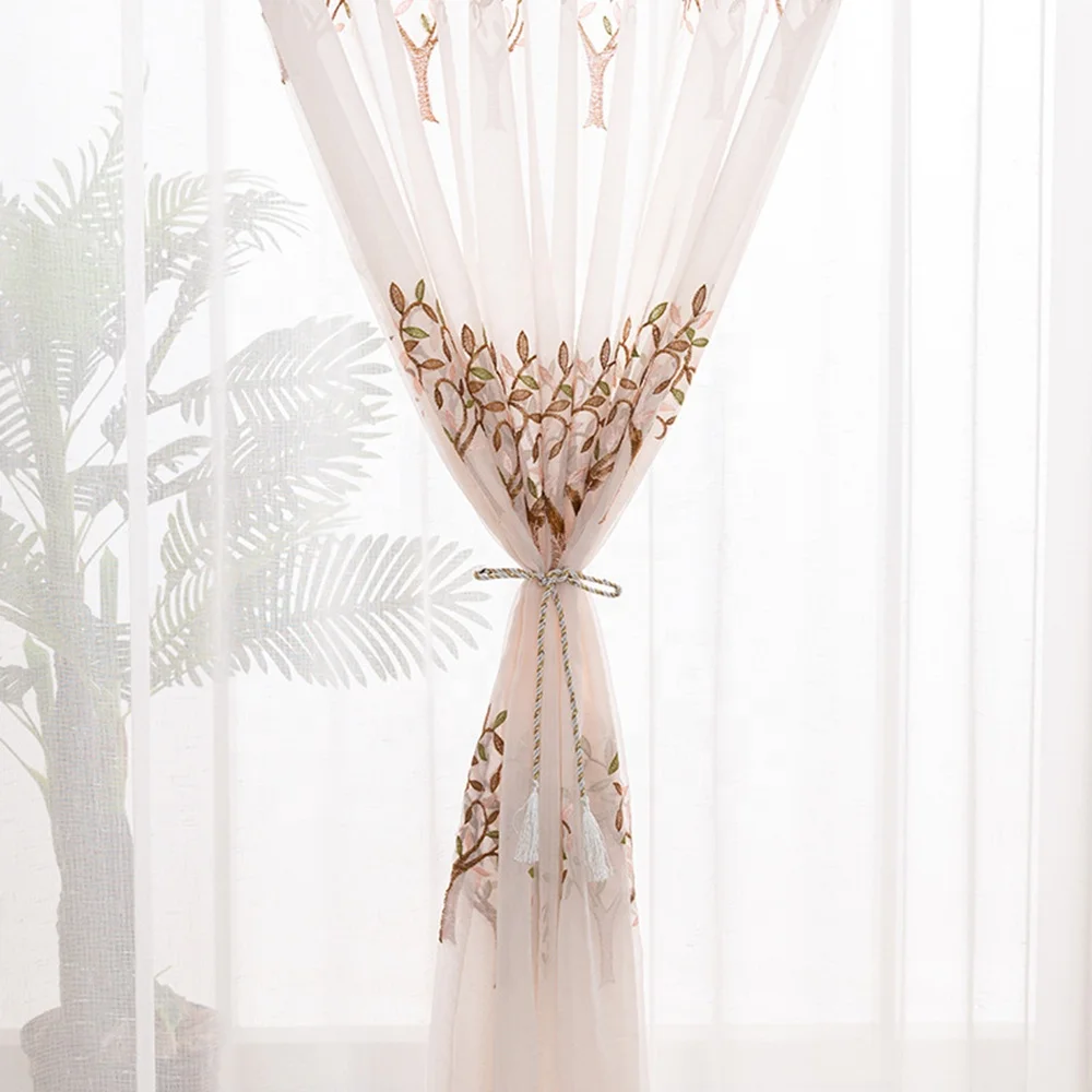 Beige floral  retail romantic nice grommet rod pocket embroidered sheer tree tulle curtain for bedroom kids window voile curtain