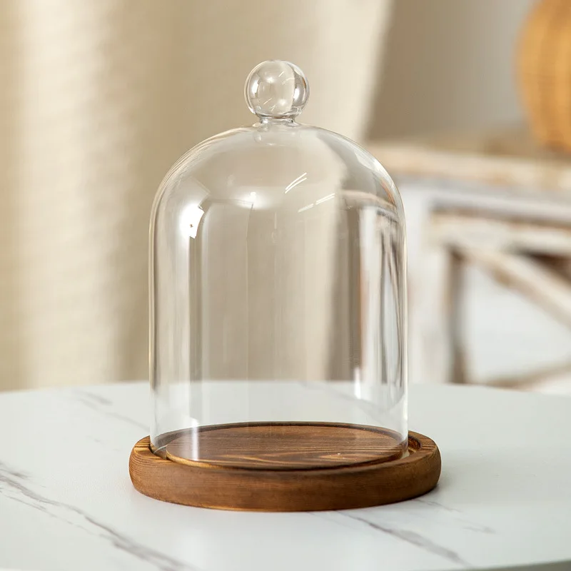 free clear glass dome with wood stand Home decor clear oval glass domes with base